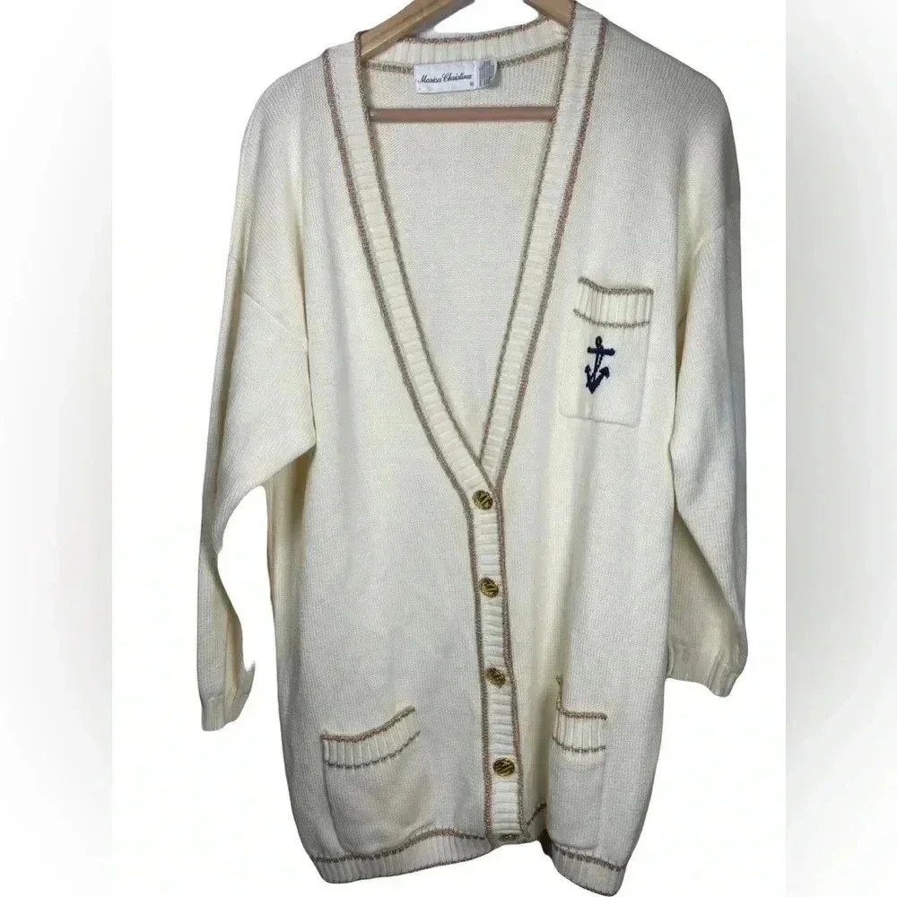 Classic Cream Knit Cardigan with Anchor Detail